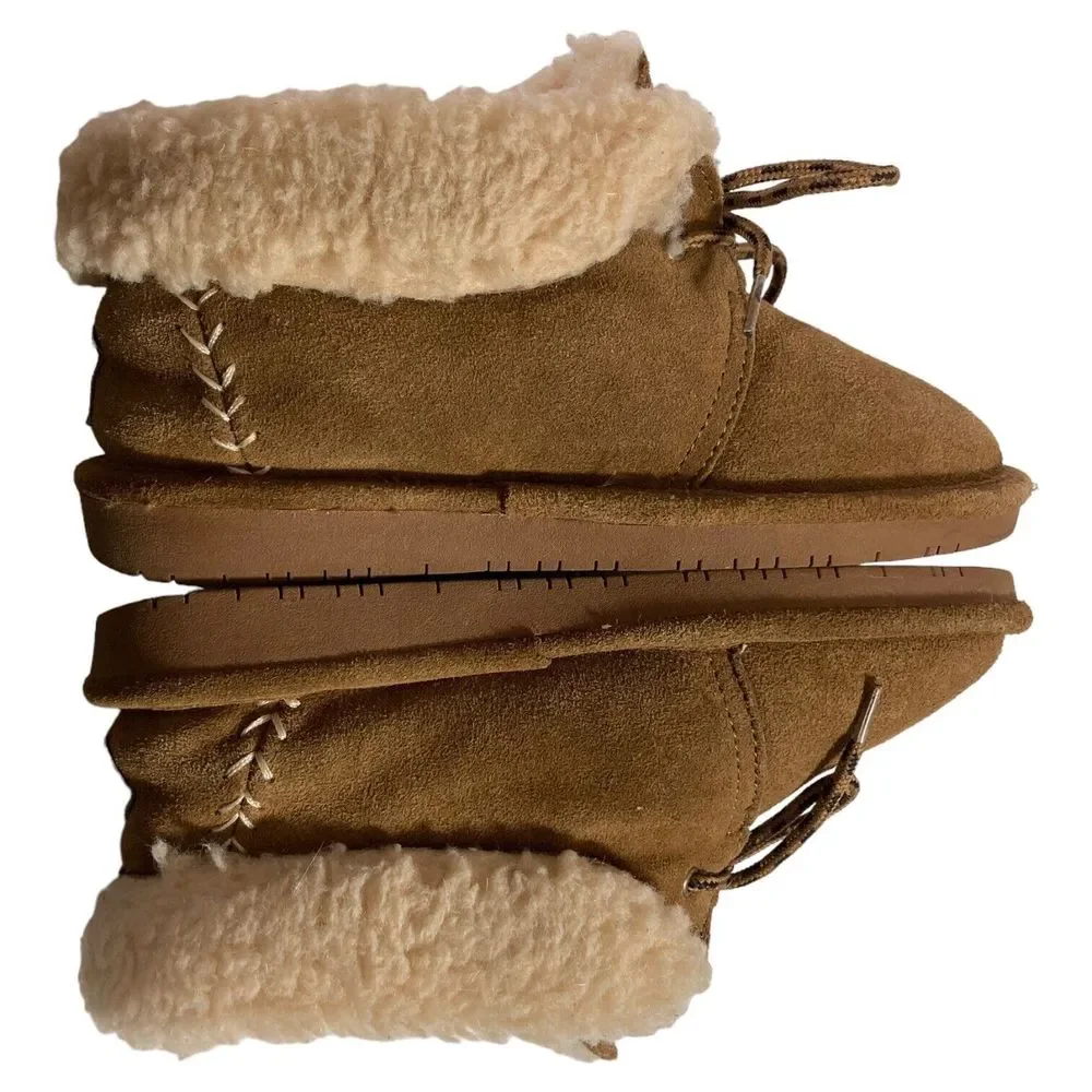 BEARPAW Kory Low Top Brown Suede Wool Blend Lining Moccasin Boots Youth 4